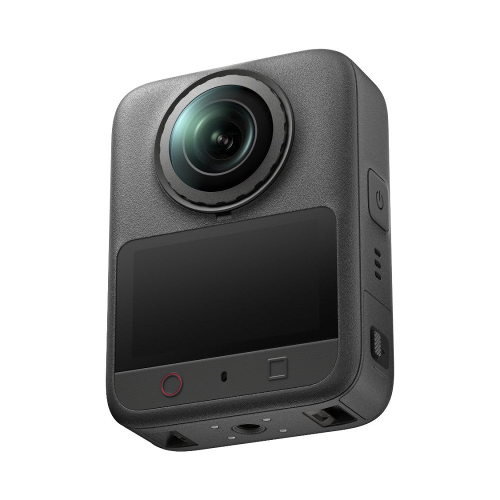 DJI Osmo 360 II camera shown at a three-quarter angle against a white background, displaying its rounded dark body with front touchscreen and spherical lens assembly.