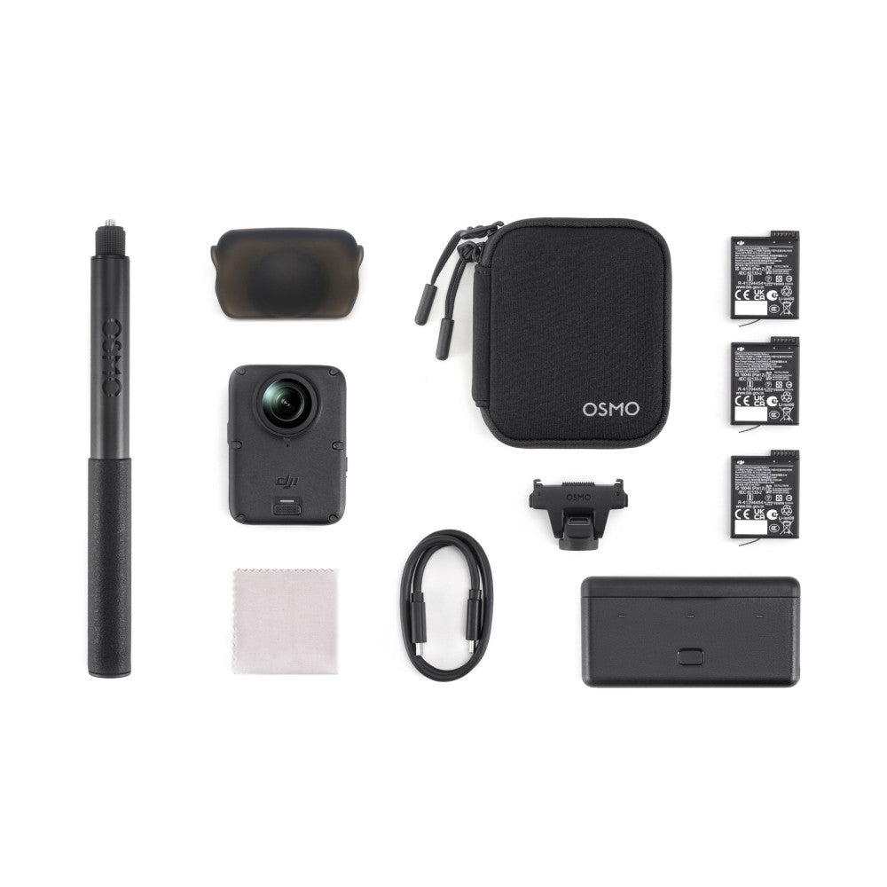 Flat lay of DJI Osmo 360 II components including compact camera, extension rod, protective case, batteries, charging dock, and accessories arranged on white background.