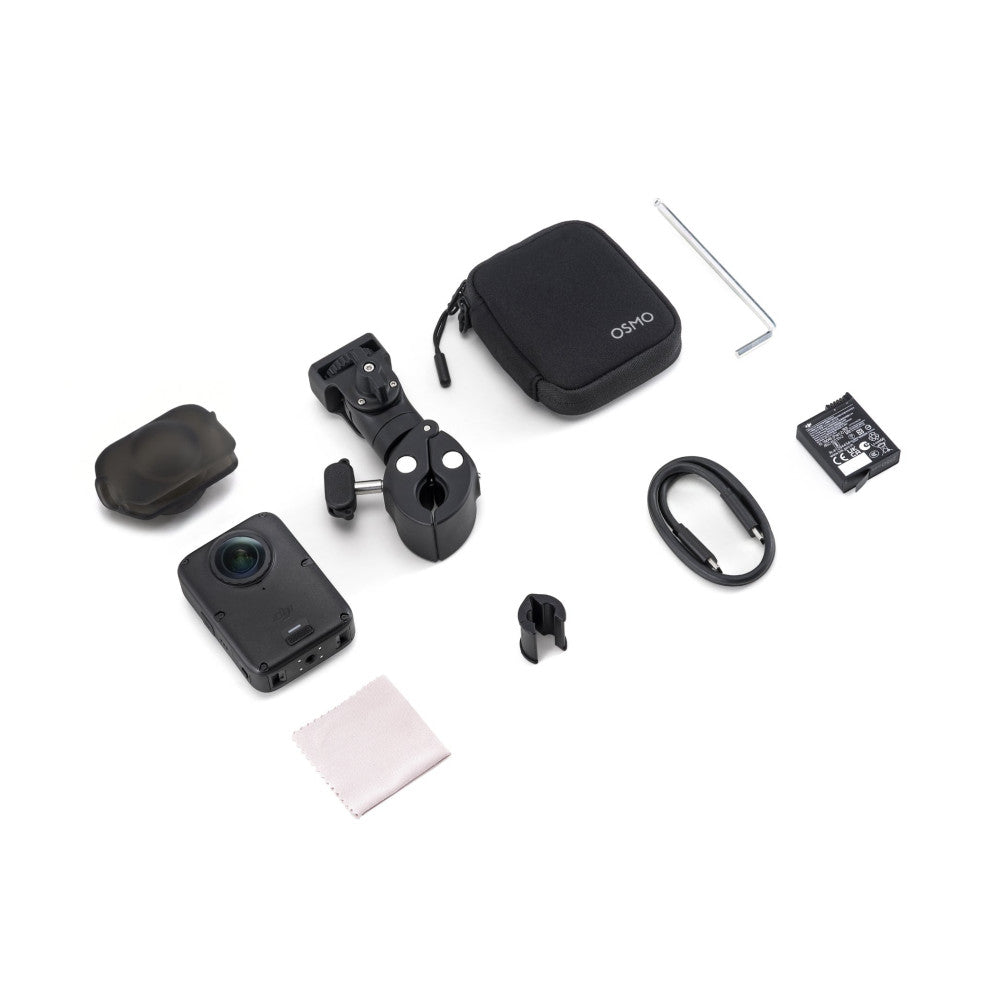 DJI Osmo Action 4 camera with gimbal stabilizer, carrying case, battery, USB cable, and accessories displayed on white background.