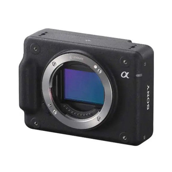 Black rectangular Sony industrial camera body shown at three-quarter angle, displaying E-mount lens opening and blue sensor visible through open shutter.