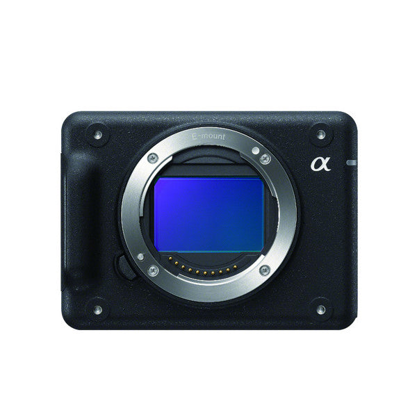 Front view of Sony ILX-LR1 camera body showing E-mount lens attachment point with blue sensor visible behind open mount.