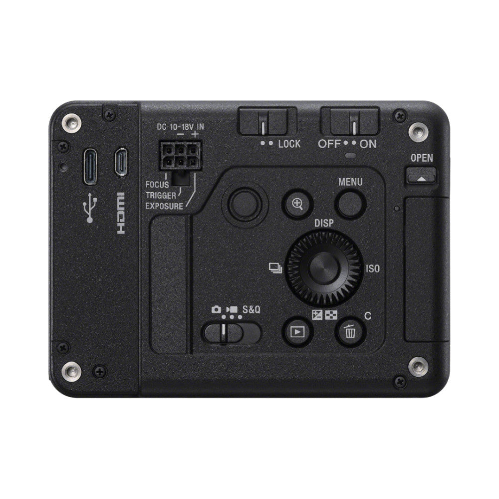 Top-down view of Sony ILX-LR1 camera body showing control panel with power switch, ISO dial, menu buttons, HDMI port, and DC power input.
