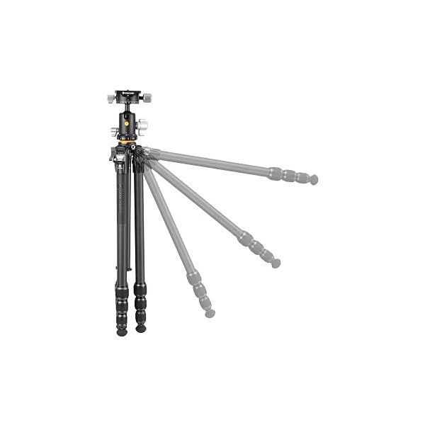 Black carbon fiber tripod with extended legs at various angles, ball head with mounting plate at top, shown from side view against white background.