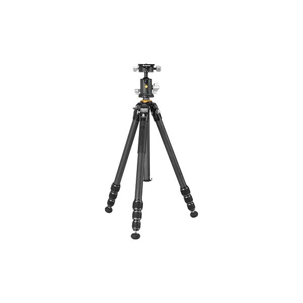 Front view of black carbon fiber tripod with three extended legs, ball head mount, and adjustable leg locks against white background.
