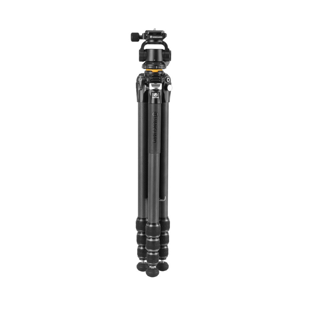 Extended carbon fiber tripod with ball head mounted on top, shown fully extended against white background in front view.