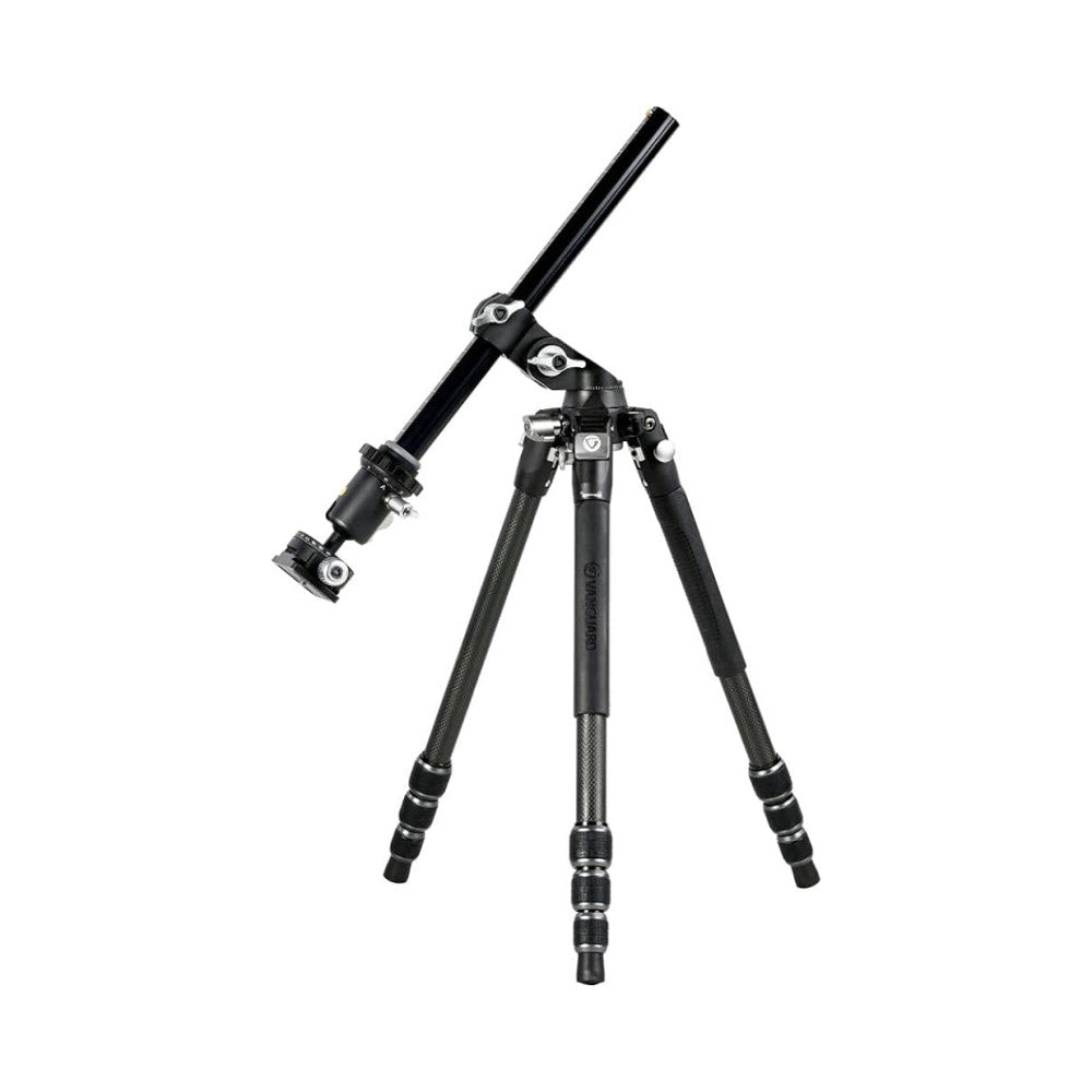 Black carbon fiber tripod with extended legs and ball head mount, shown at an angle against white background.