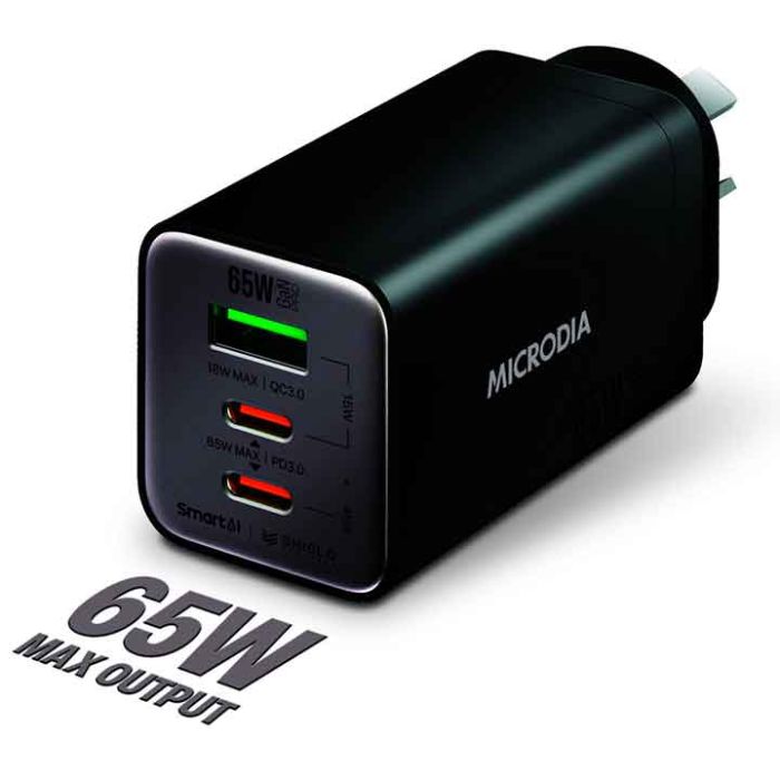 MICRODIA SMARTCube Nano 65W Wall Charger - Triple Port (2x USB-C + 1x USB-A) - Black