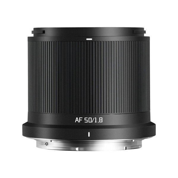 Front view of black TTArtisan 50mm f/1.8 AF lens showing ribbed barrel, focus ring, and metal mount against white background.
