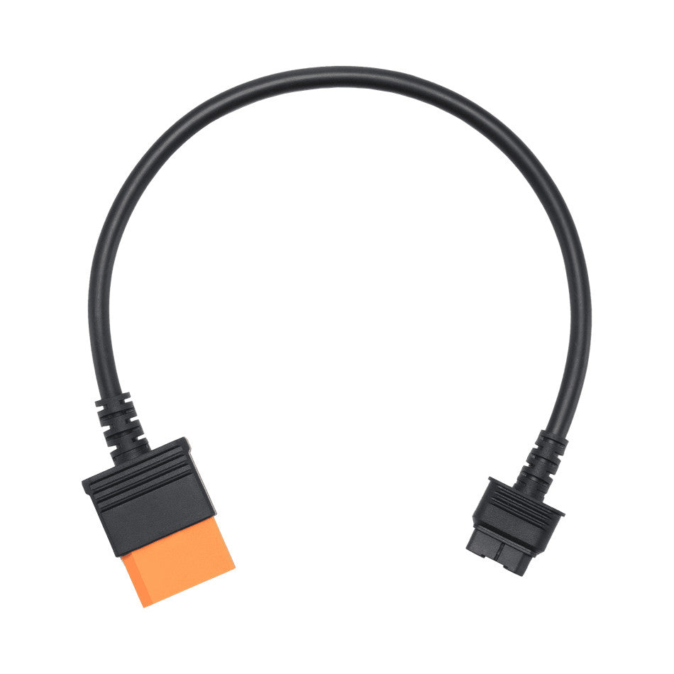 Black charging cable with orange connector detail on left end, coiled loop against white background, top-down view