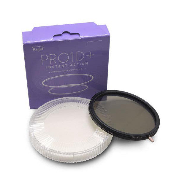 Product packaging and contents displayed: purple Kenko PRO1D+ box with variable ND and CPL filter, clear storage case, and black circular magnetic filter.