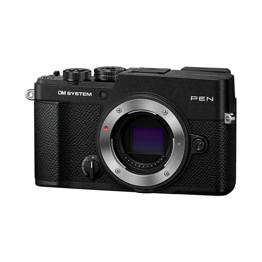 Top-down front view of a black OM System PEN mirrorless camera body showing the lens mount, control dials, and textured grip surfaces against a white background.