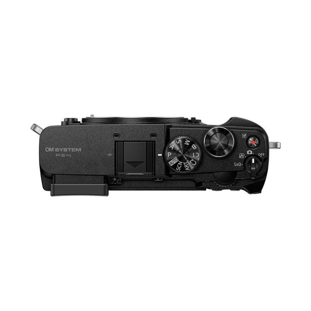 Top-down view of black OM System PEN camera body showing mode dial, viewfinder, shutter button, and control dials on right side.