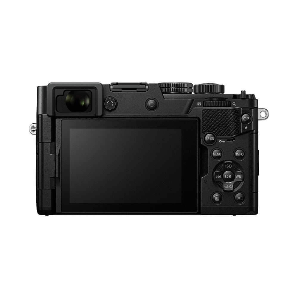 Rear view of OM System PEN camera body showing LCD screen and control buttons on black background.