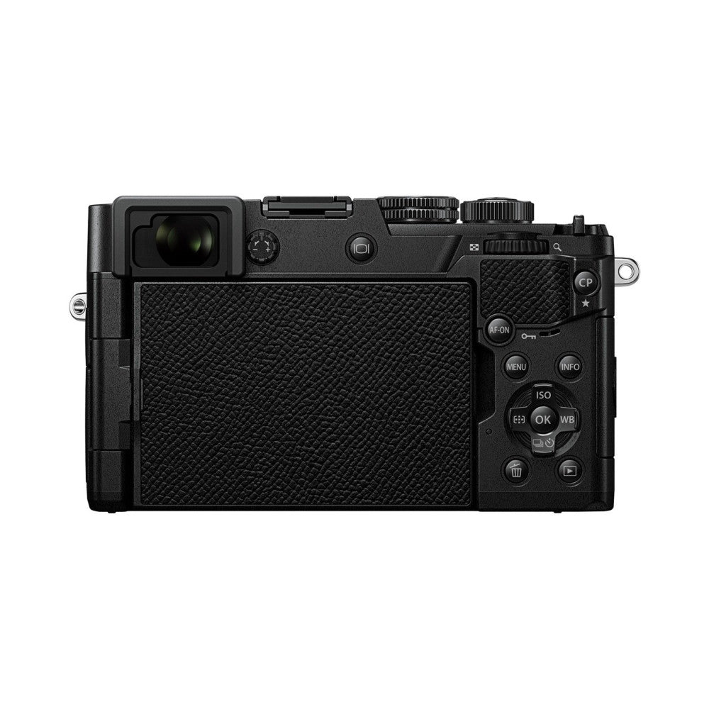 Rear view of black OM System PEN camera showing LCD screen, control buttons, and dial interface against white background.