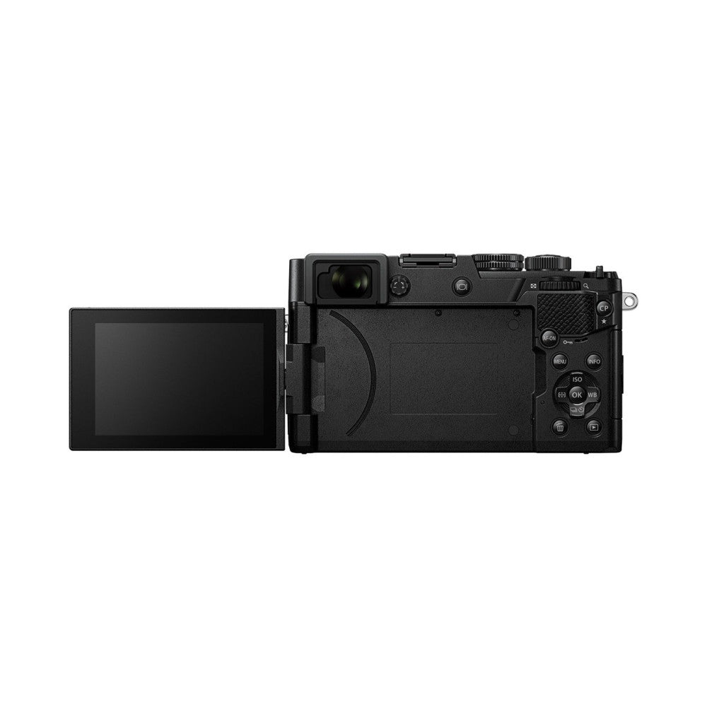 Rear and top view of black OM System PEN camera showing LCD screen on left, control buttons and dials on right side.