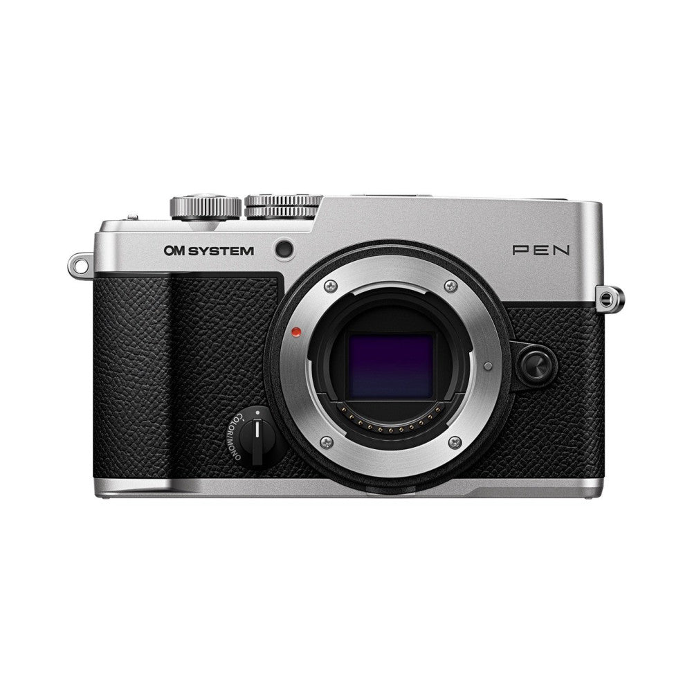 Front view of OM System PEN mirrorless camera body in silver and black, showing lens mount and top controls against white background.