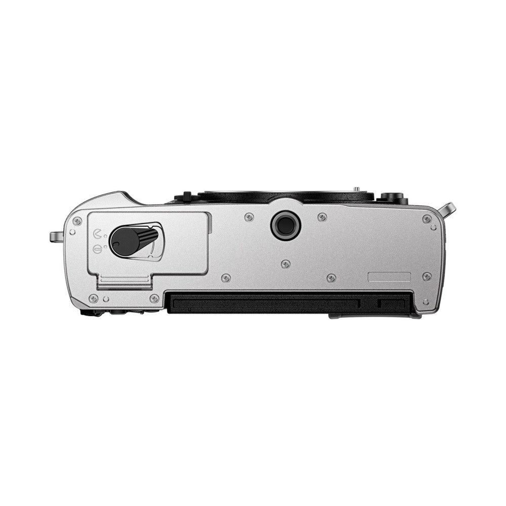 Top-down view of OM System PEN silver camera body showing lens barrel, viewfinder, shutter dial, and flash shoe.