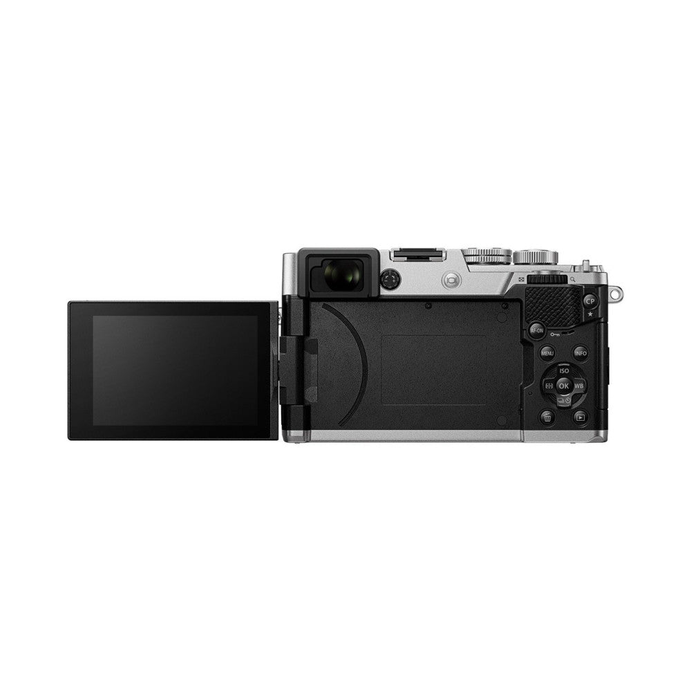 Top and rear view of silver OM System PEN camera with articulating touchscreen display extended to the left.