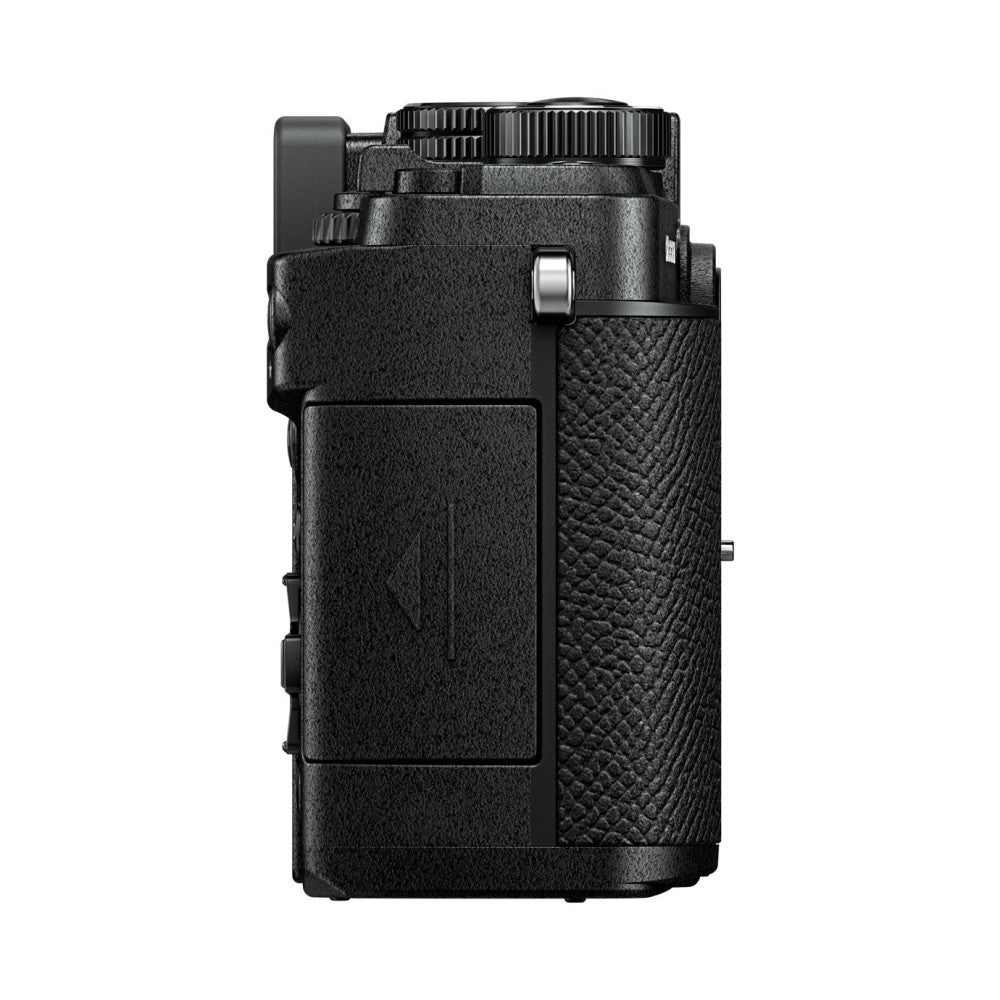 Rear three-quarter view of a black OM System PEN mirrorless camera with attached lens, showing the textured body and control buttons.