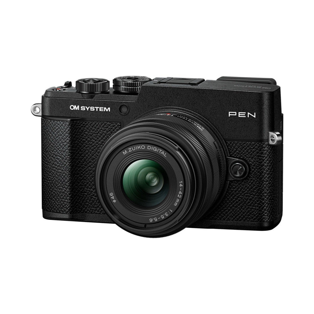 Black OM System PEN mirrorless camera with attached M.Zuiko 14-42mm lens, shown from front three-quarter angle against white background.