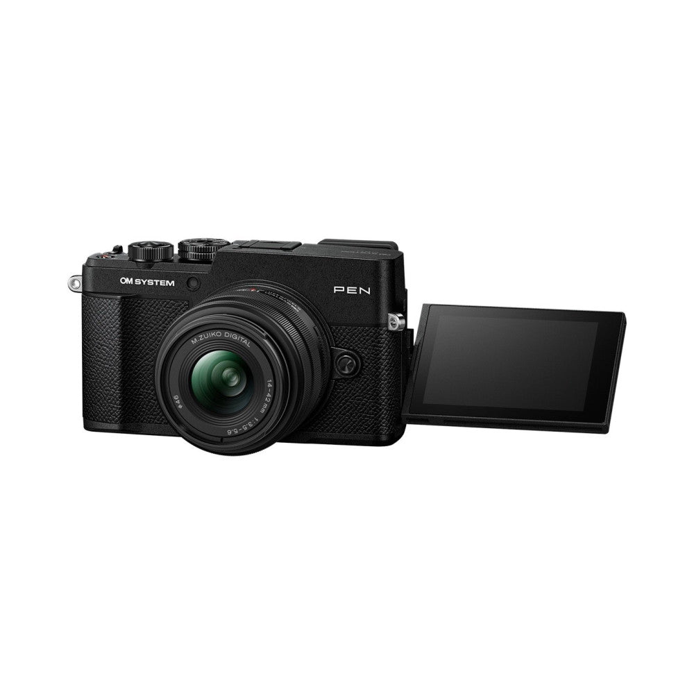 Black OM System PEN mirrorless camera with attached M.Zuiko 14-42mm lens, shown from front-left angle with articulating LCD screen extended to the right.