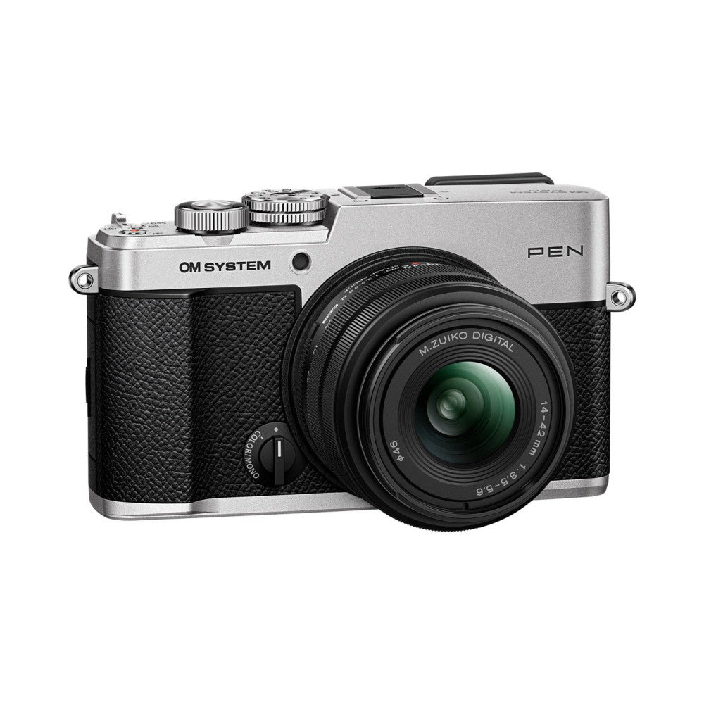 Silver and black OM System PEN mirrorless camera with M.Zuiko Digital 14-42mm lens attached, shown from front three-quarter angle against white background.