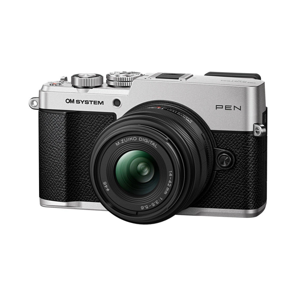 Silver and black OM System PEN mirrorless camera with M.Zuiko 14-42mm lens attached, shown from front-left angle against white background.