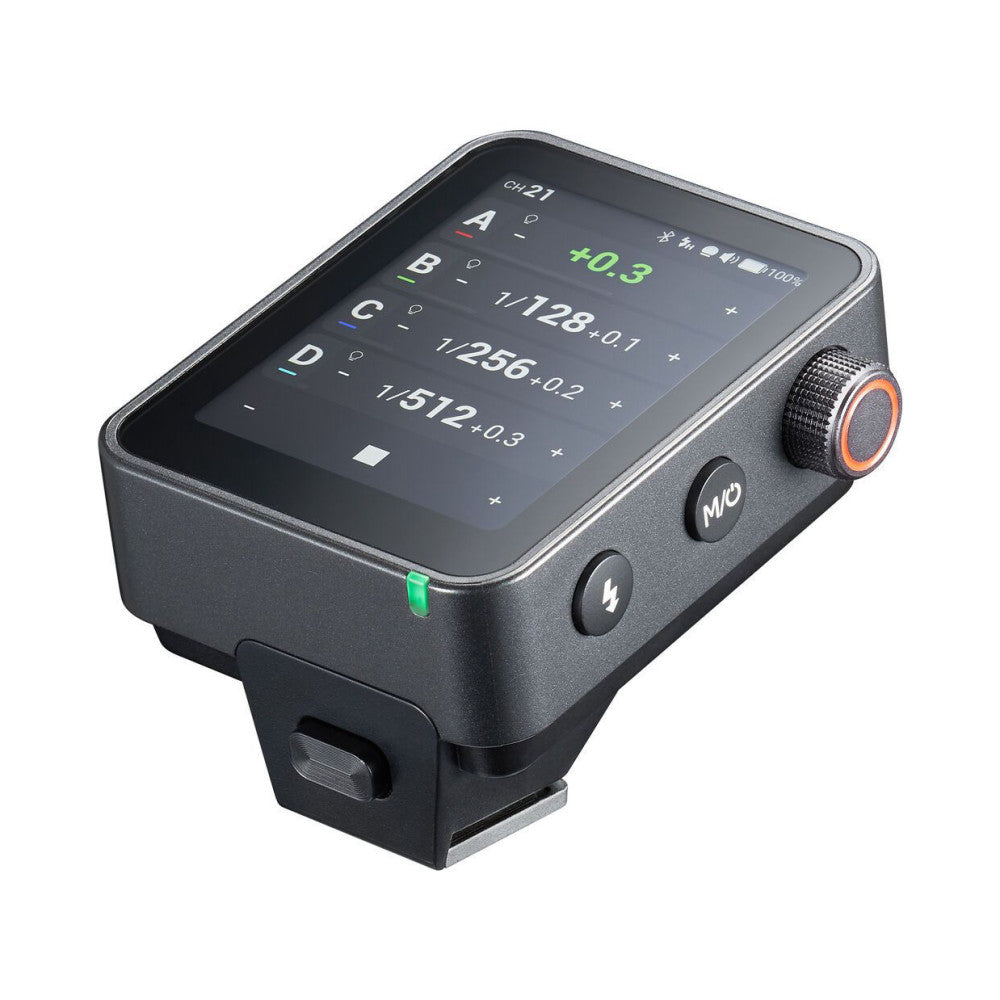 Godox X3 PRO Sony flash trigger shown from angled front view displaying touchscreen interface with channel settings and adjustment controls.