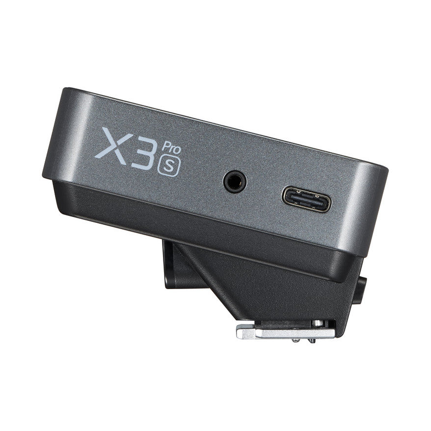 Godox X3 Pro Sony wireless trigger shown from angled side view, displaying gray metallic top with branding and USB-C port against white background.