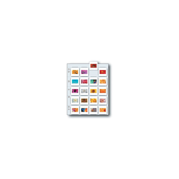 Front view of a clear plastic slide storage page with 20 compartments arranged in 5 rows, each holding colorful 35mm slides, displayed against white background.