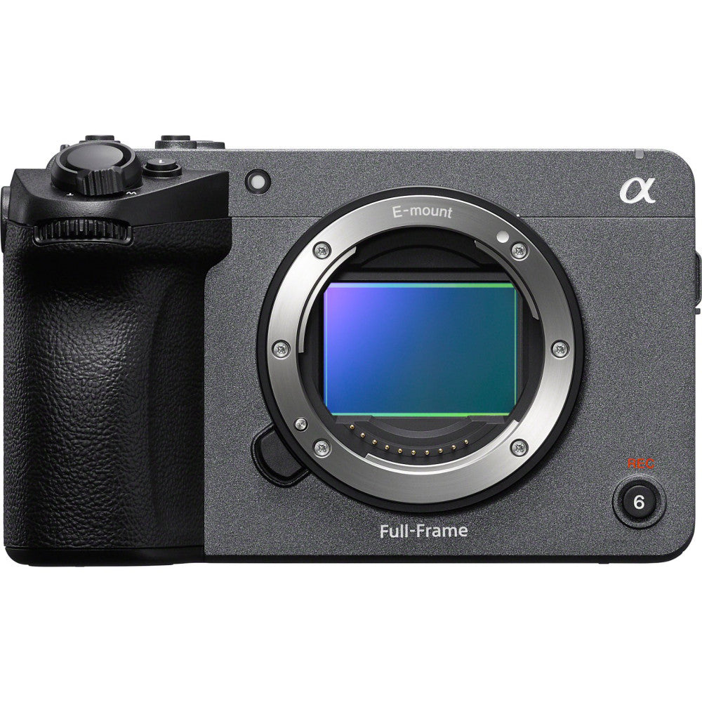 Sony FX5 Cinema Line camera shown from the front, displaying the E-mount lens bay and textured gray body with grip on left side.