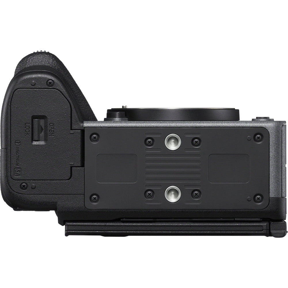 Top-down view of Sony FX5 Cinema Line camera showing black body with eyepiece on left and control panel with buttons and indicators on top.