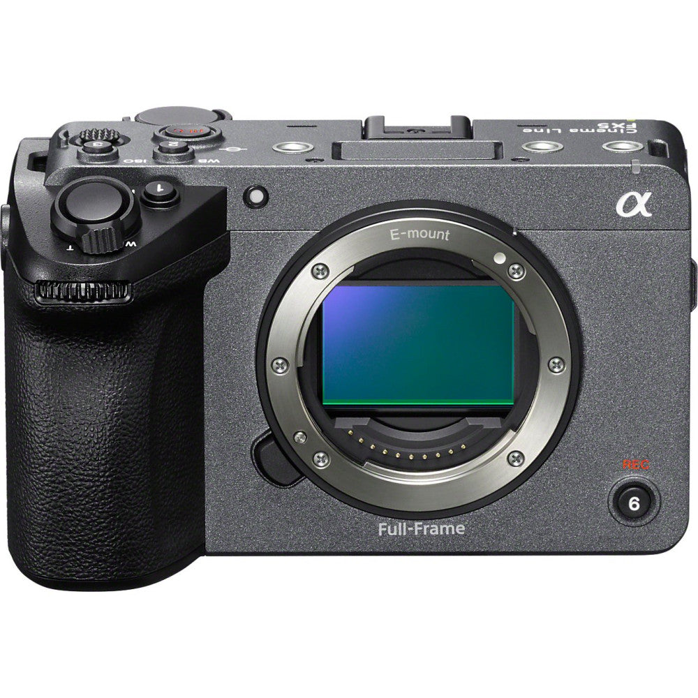 Sony FX5 cinema camera body shown from front-left angle, displaying E-mount lens opening and top control panel with grip.