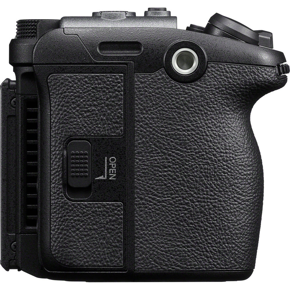 Black Sony FX5 Cinema Line camera body shown from left side angle, displaying textured grip, control panel, and lens mount.