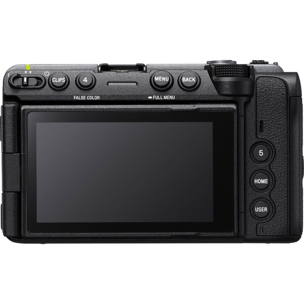 Rear view of Sony FX5 Cinema Line Camera showing LCD screen, control buttons including MENU, BACK, HOME, USER, and numbered controls.