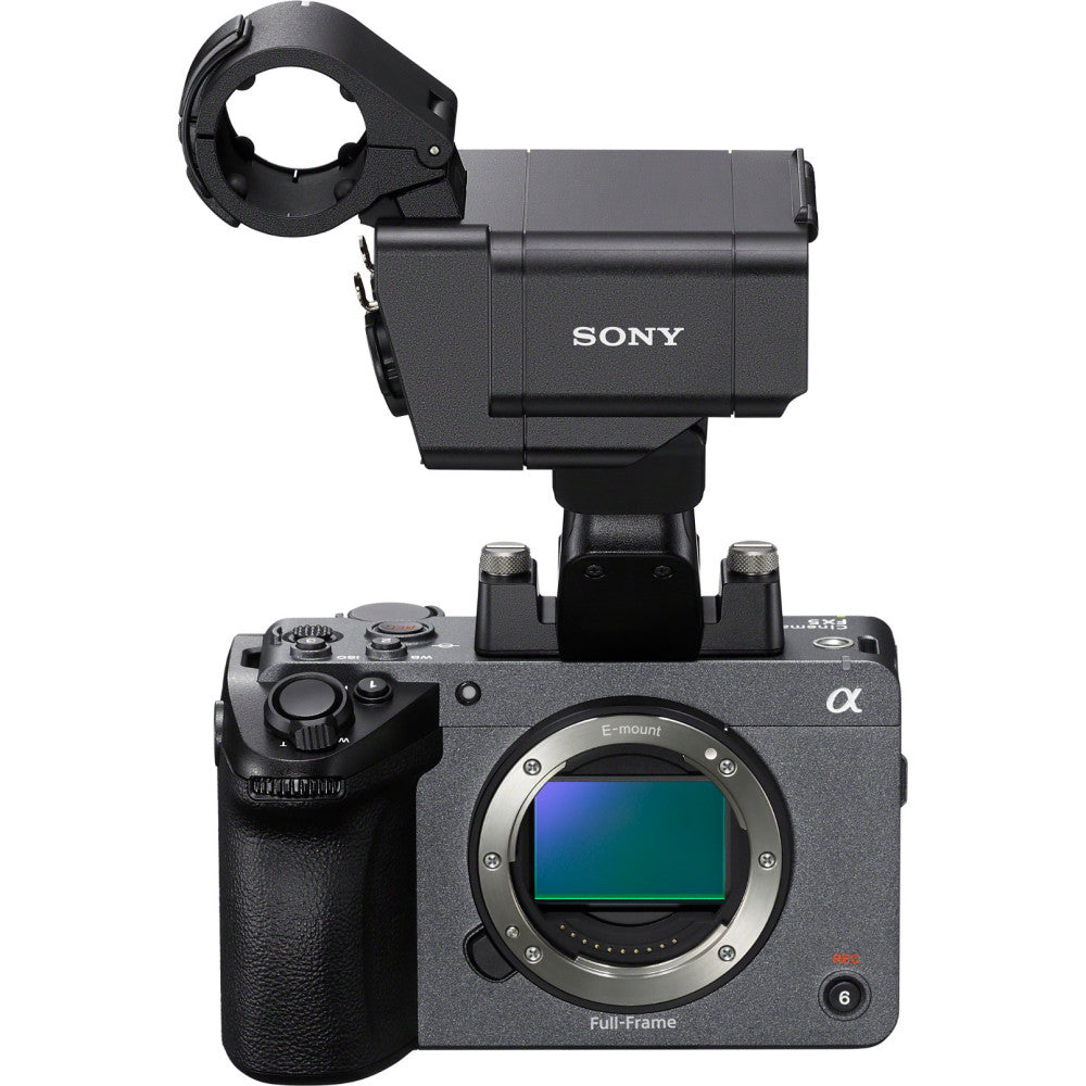 Sony FX5 cinema camera with E-mount shown from front angle, mounted with XLR audio handle unit on top, displaying sensor and controls.
