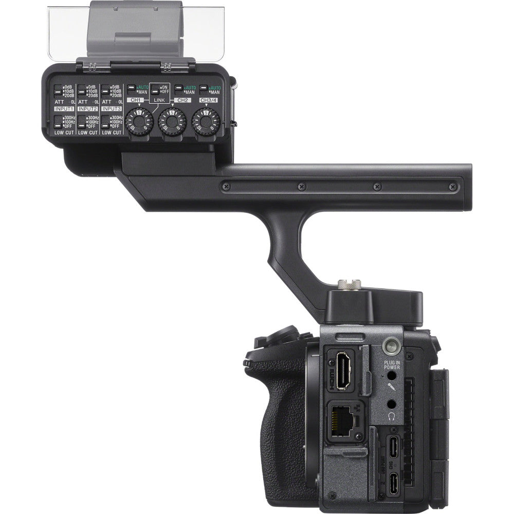 Top-down view of Sony FX5 cinema camera with attached XLR audio handle showing control panel, ports, and grip.