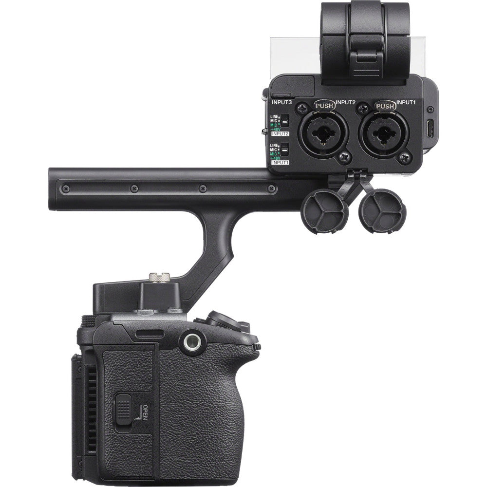 Sony FX5 cinema camera with attached XLR handle unit shown from side angle, displaying dual XLR inputs and control knobs.