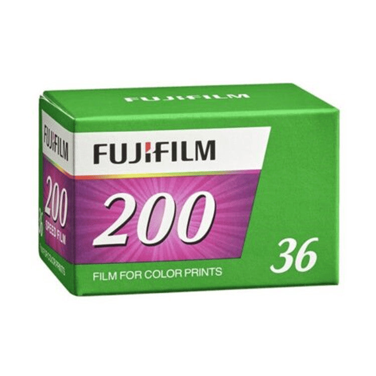 Fujifilm 200 color film box displayed at a three-quarter angle, showing green top, purple and white front panel with "200" and "36" printed on it.