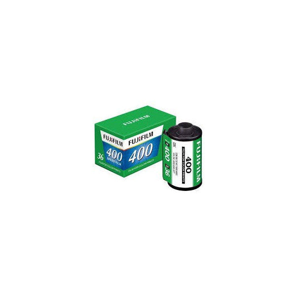 Fujifilm Fujicolor 400 film box and individual 36-exposure film canister displayed at an angle against white background.