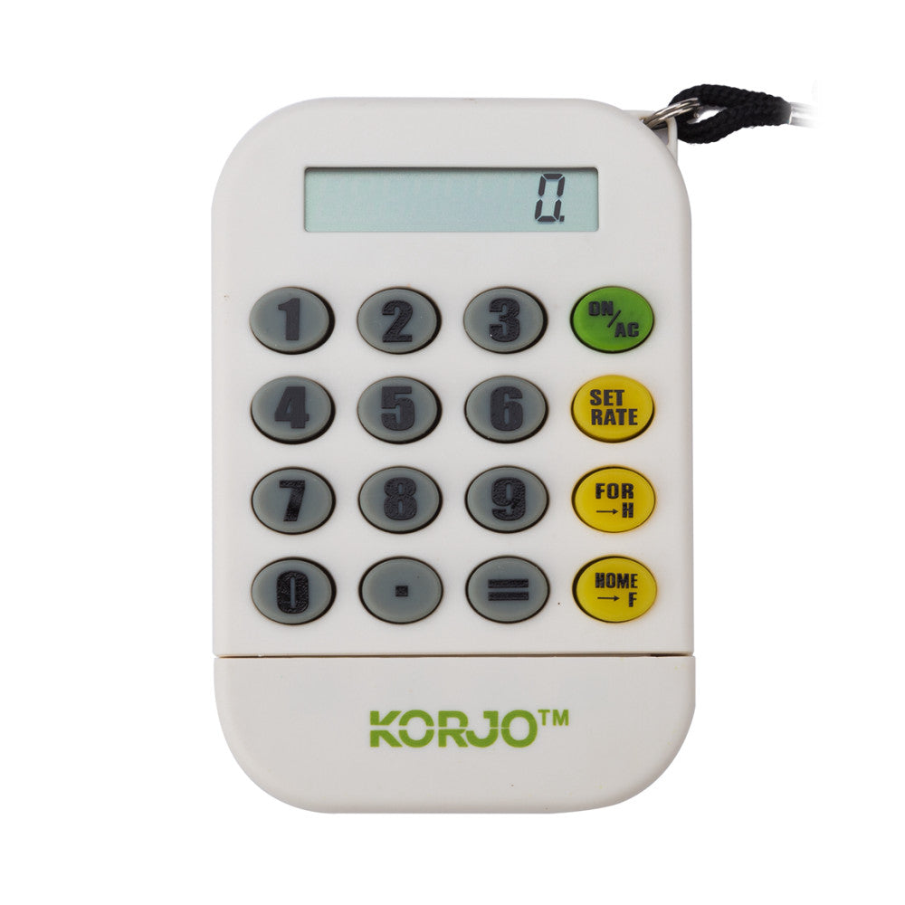 Front view of white KORJO currency converter device with numeric keypad, function buttons, and LCD display showing "0