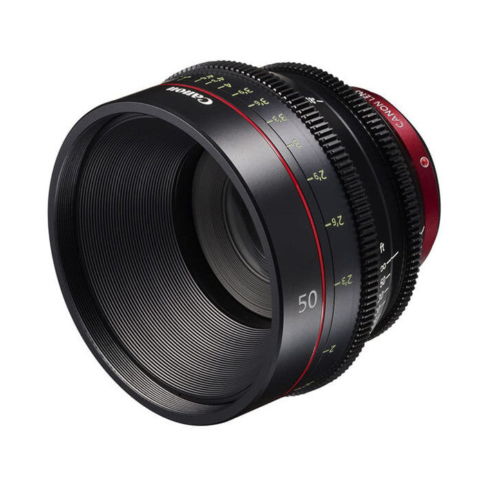 Canon CN-E 50mm T1.3 cinema lens shown from the side angle, displaying the focus ring and depth of field markings against a white background.