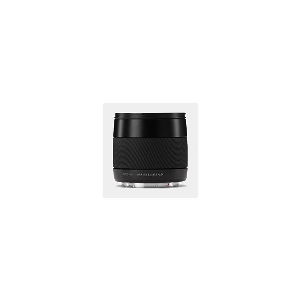 Black Hasselblad XCD 45mm lens shown from front quarter view against neutral background, displaying barrel and focus ring details.