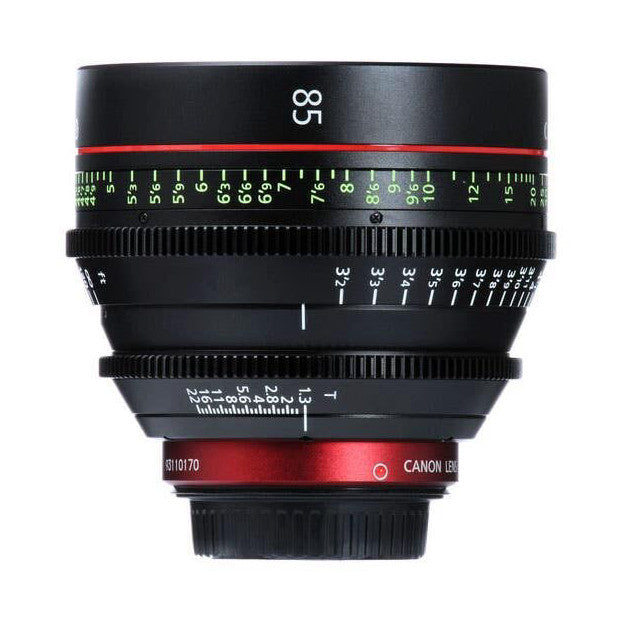 Front view of Canon CN-E 85mm T1.3 cinema lens showing focal length markings, aperture scale, and red Canon branding on mount.