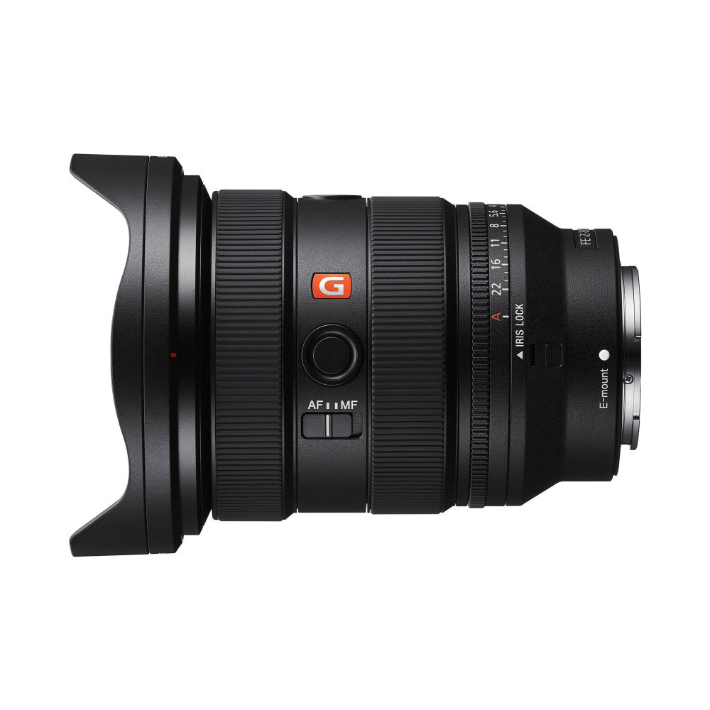 Side view of Sony FE 16-35mm f/2.8 GM Mark II lens showing the red G badge, AF/MF switch, and focus ring against white background.