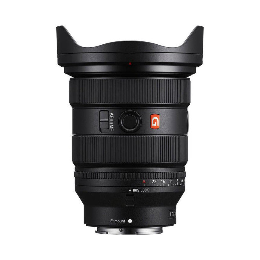 Front view of Sony FE 16-35mm f/2.8 GM Mark II lens showing barrel, controls, lens hood, and E-mount base.