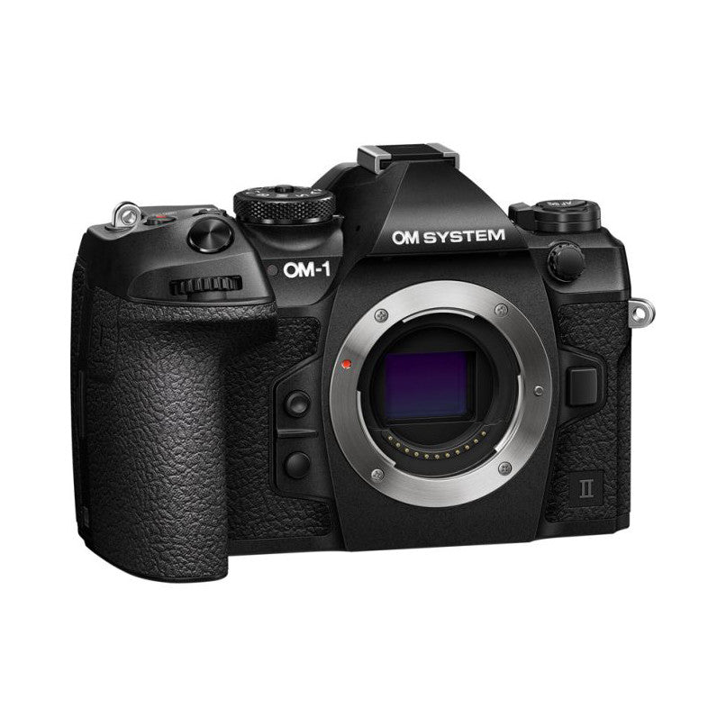 Front view of OM System OM-1 Mark II camera body showing lens mount, viewfinder, and textured black grip against white background.
