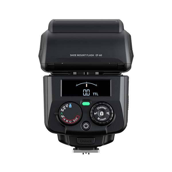Front view of black Fujifilm EF-60 shoe mount flash showing LCD display, control dials, and power button.