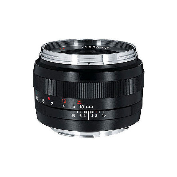 Front view of black Zeiss Planar 50mm f/1.4 lens showing focus ring with distance markings and aperture scale details.