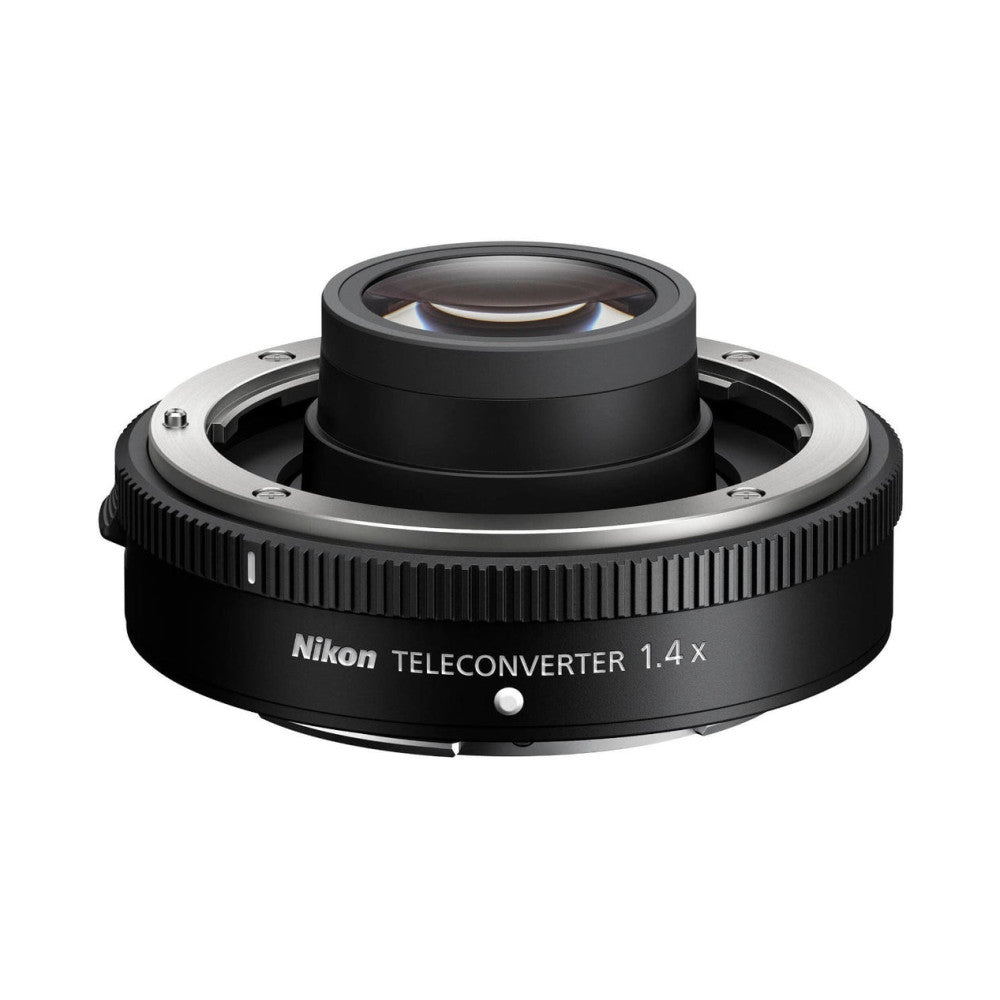 Nikon Z 1.4x teleconverter shown from front angle displaying lens elements and metal mount ring against white background.